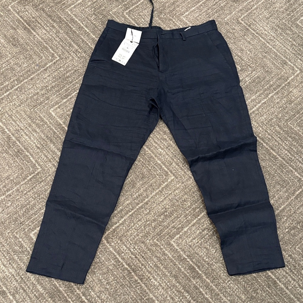Zara Men's Dark Blue Linen drawstring with elastic waist pants